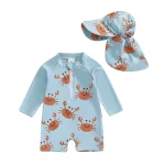 유아 소년 래쉬가드 수영복, 어린이 운동복 저녁 식사 및 게 프린트, 긴 소매 지퍼 목욕 세트, 수영 모자 포함