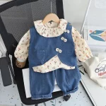 여아용 면 소재 정장 3종 세트 (1-5세) 데님 조끼, 꽃무늬 탑, 와이드 레그 청바지, 귀엽고 캐주얼한 여아 의류 - 이미지 4