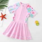 수영복 소녀 지퍼 수영복 소녀 키즈 원피스 수영복 꽃 패치 워크 소녀를위한 수영복 - 이미지 6