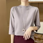 여름 가을 새로운 코튼 크로프트 슬리브 티셔츠 여성 세미 하이 넥 티셔츠 루즈 슬리브 바닥 셔츠 내부 탑 포함 - 이미지 6