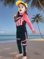 여자 투피스 수영복 긴 소매 다이빙 슈트 학생을위한 빠른 건조 UV 보호 바지 어린이 폴리 에스터 직물 수영복 - 이미지 3