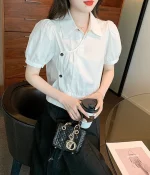 여성용 귀여운 셔츠 및 블라우스 상의, 푹신한 소매 칼라, 단추 업 화이트 노벨티, 2024 여름 신기한 옷 - 이미지 3