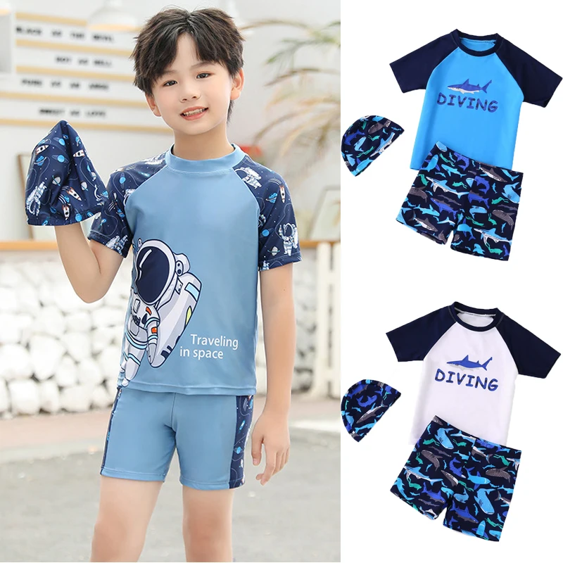 kf-Sc6f8c9442d1e4a53862243d991571ecaQ 여름 어린이 수영복 소년 분할 짧은 소매 수영복 십대 만화 빠른 건조 수영복 소년 수영복 세트 - 이미지 1