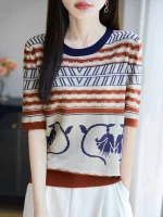 2025New 여름 반팔 오목 티셔츠 자카드 티셔츠 여성 고급 티셔츠 패션 편안한 레저 티셔츠 탑 - 이미지 2