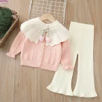 아동 여아 니트 세트 2-6세 여아 의류 인형 칼라 튤립 포인트 가디건 & 플레어 팬츠 귀여운 캐주얼 가디건 여아