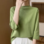 여름 가을 새로운 코튼 크로프트 슬리브 티셔츠 여성 세미 하이 넥 티셔츠 루즈 슬리브 바닥 셔츠 내부 탑 포함 - 이미지 4